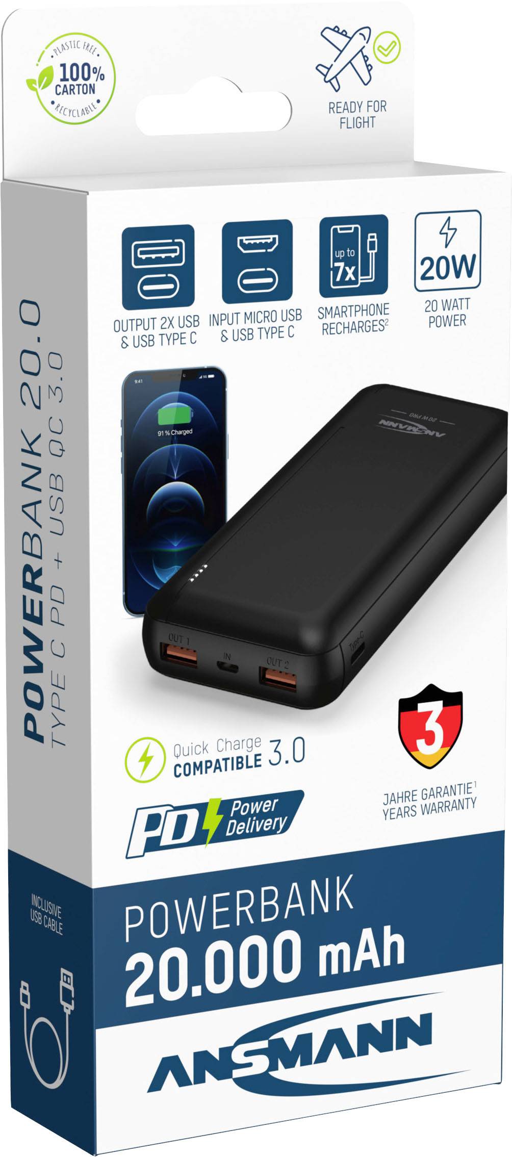 Powerbank-Verpackung mit 20.000 mAh Kapazität, Typ-C PD und USB 3.0. Unterstützt Quick Charge 3.0. 3 Jahre Garantie inklusive.