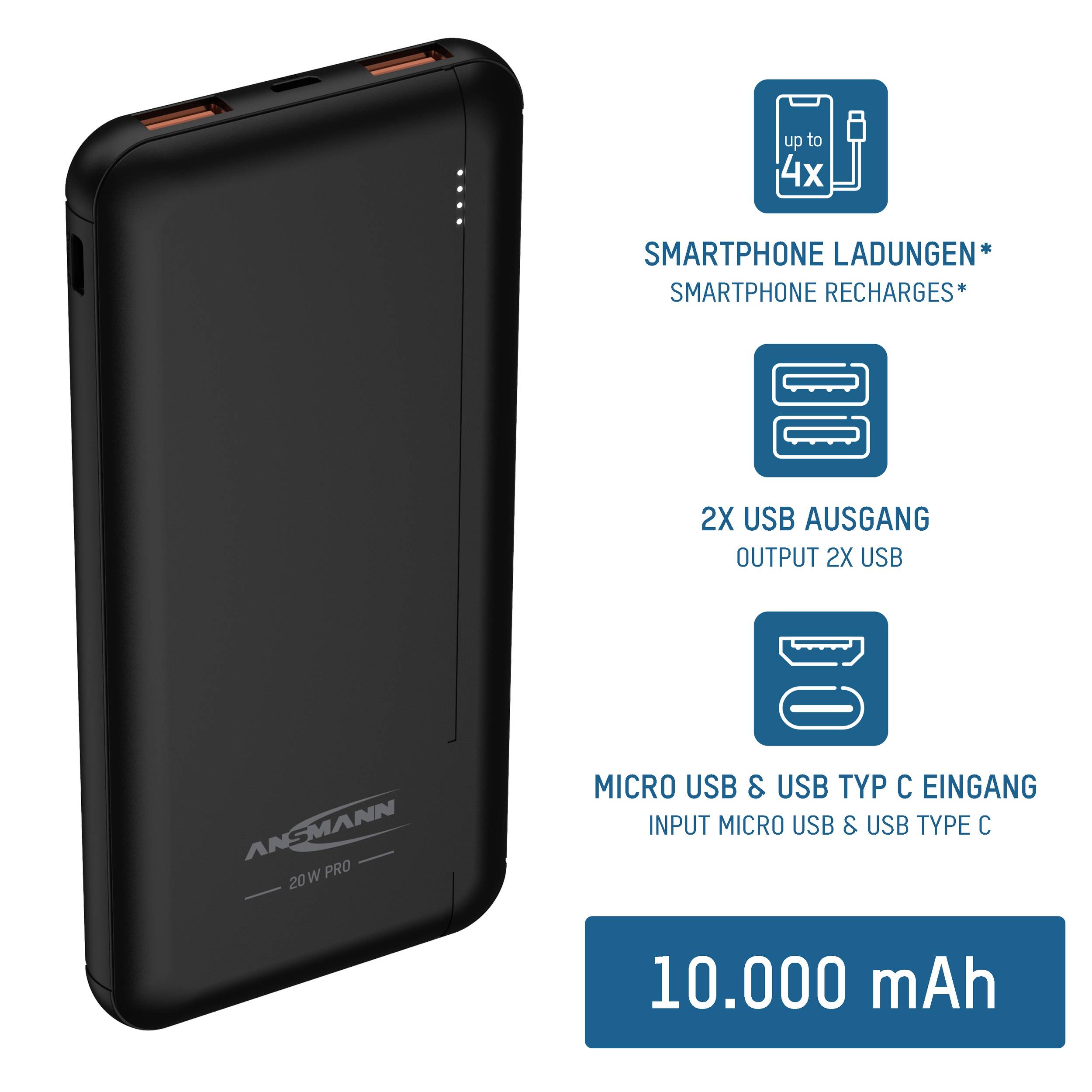 Schwarze Powerbank, 10.000 mAh Kapazität, zwei USB-Ausgänge, Mikro-USB und USB-C Eingänge, bietet bis zu vier Smartphone-Ladungen.
