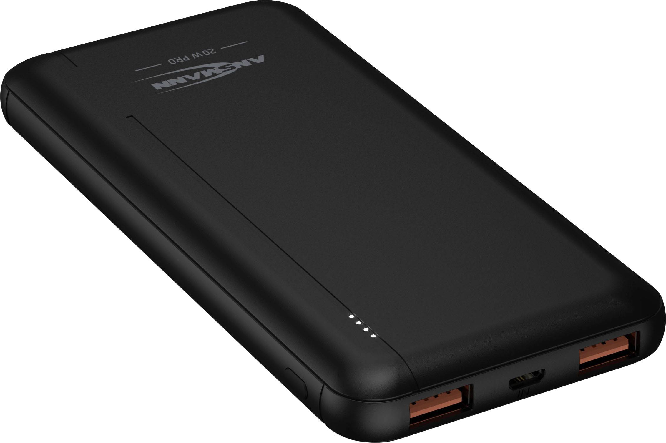 Eine schwarze Powerbank mit zwei USB-Anschlüssen und einem Mikro-USB-Anschluss auf der Vorderseite. LED-Leuchten zeigen den Ladezustand an.