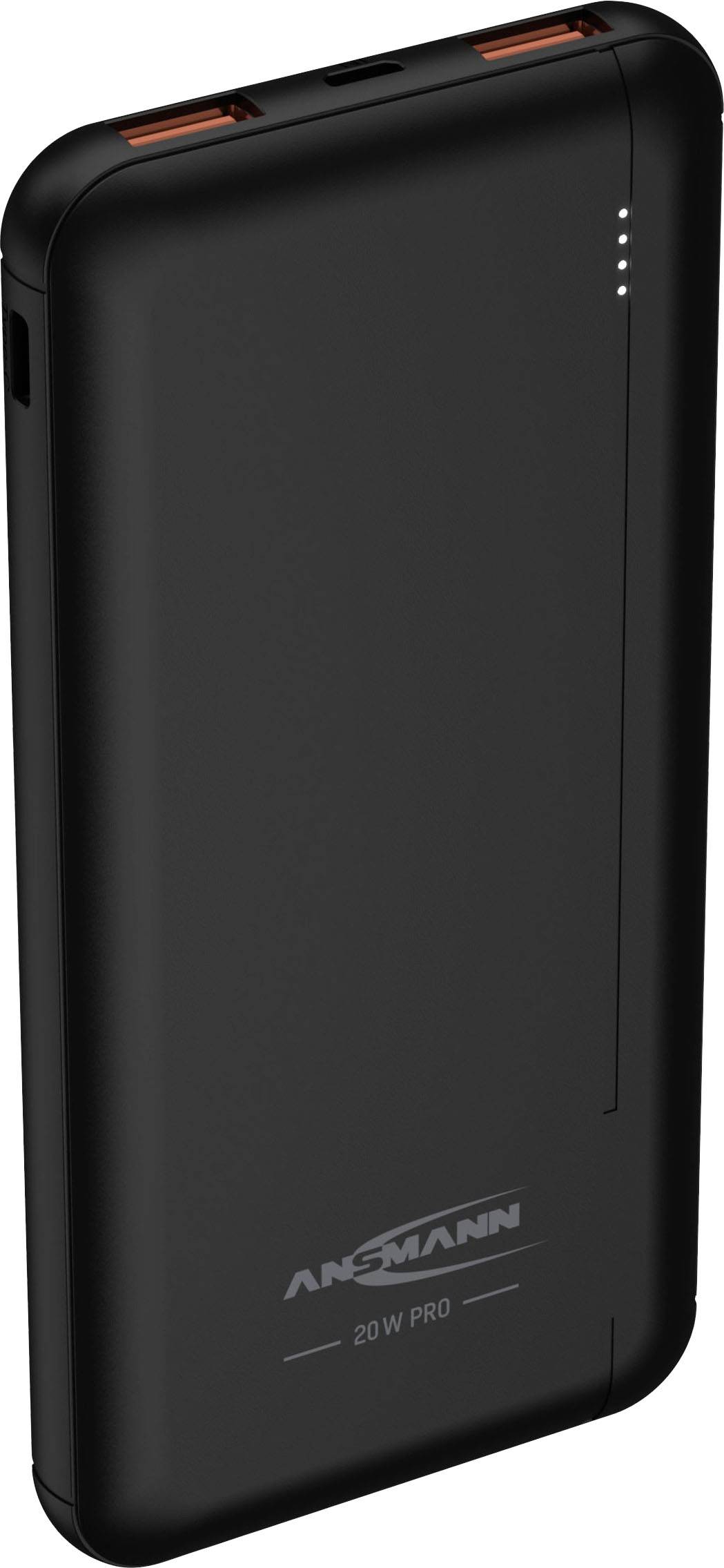 Schwarze Powerbank mit zwei USB-Anschlüssen und vier LED-Anzeigen. Markenname und Modellnummer sind auf der Vorderseite sichtbar.