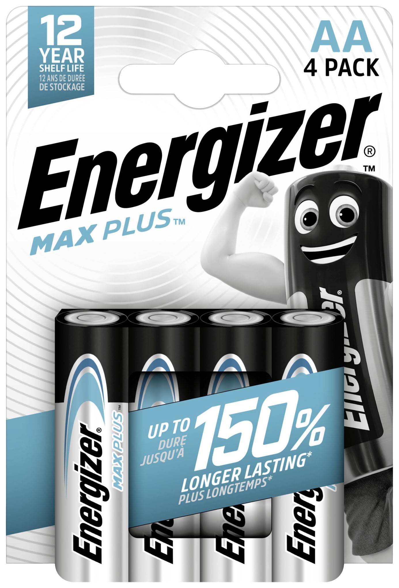 Vier AA-Batterien der Marke Energizer Max Plus mit einem Versprechen von bis zu 150 % längerer Lebensdauer im Vergleich zu Standardbatterien. Verpackung zeigt Maskottchen.