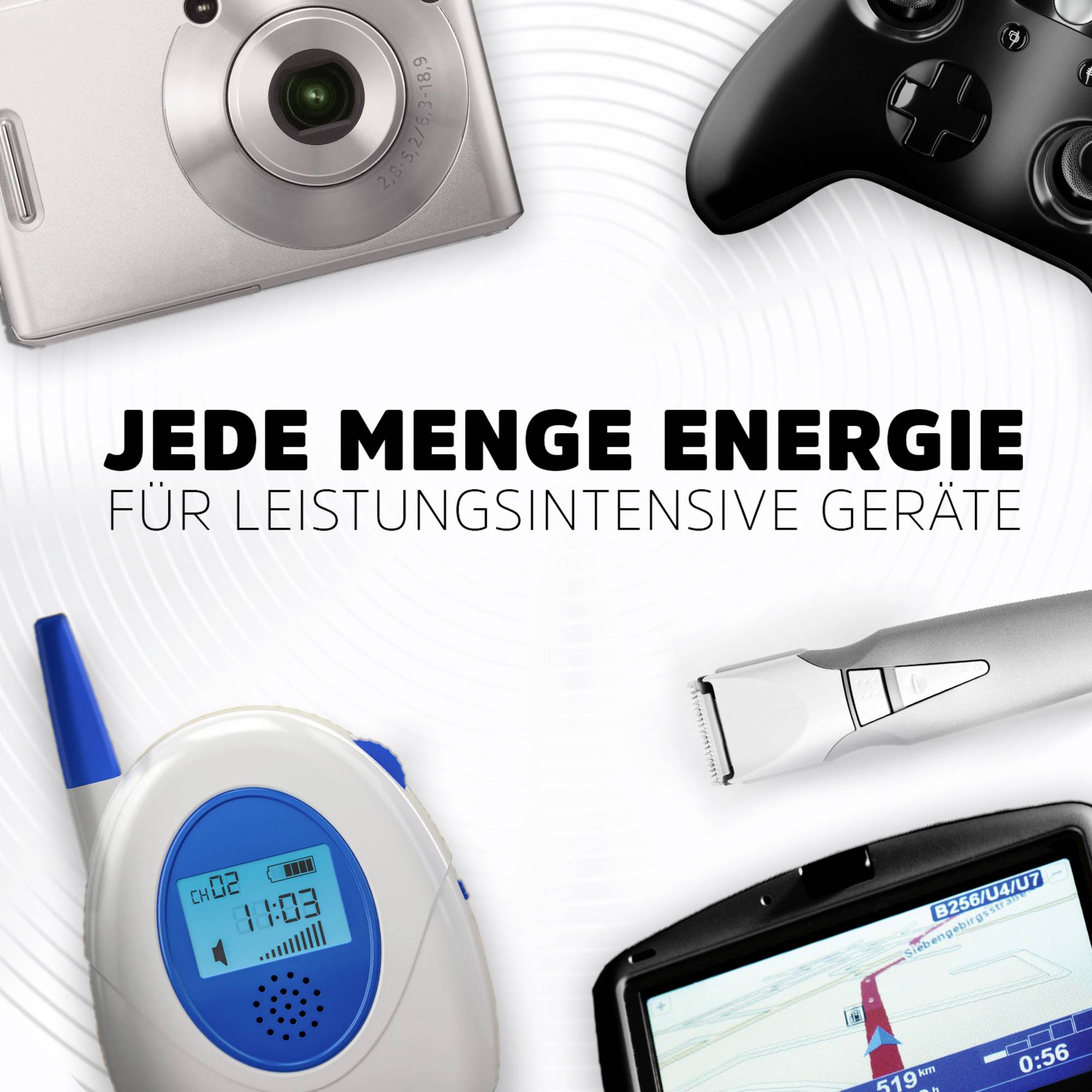 Digitalkamera, Videospiel-Controller, elektrischer Rasierer, tragbare Musikgeräte; Text: 'Jede Menge Energie für leistungsintensive Geräte'.