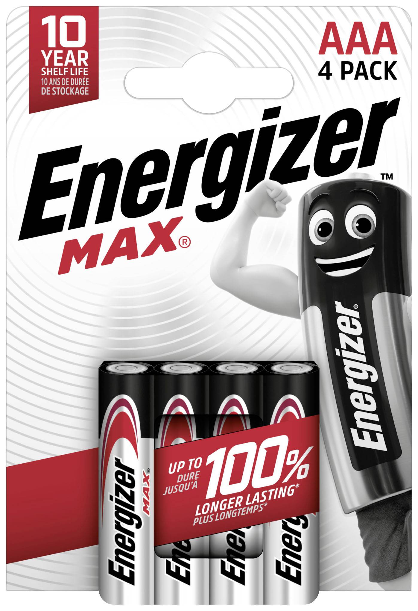 Energizer AAA-Batterien 4er-Pack, 10 Jahre haltbar, verspricht bis zu 100% längere Lebensdauer. Verpackung mit Batterie-Maskottchen.