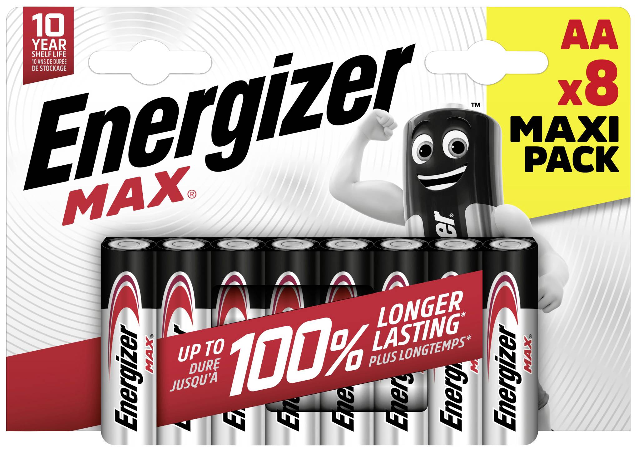 Acht-Energizer-Max-AA-Batterien im Maxi-Pack. Abgebildet ist das Maskottchen des Produkts. Text: '100% länger anhaltend'.