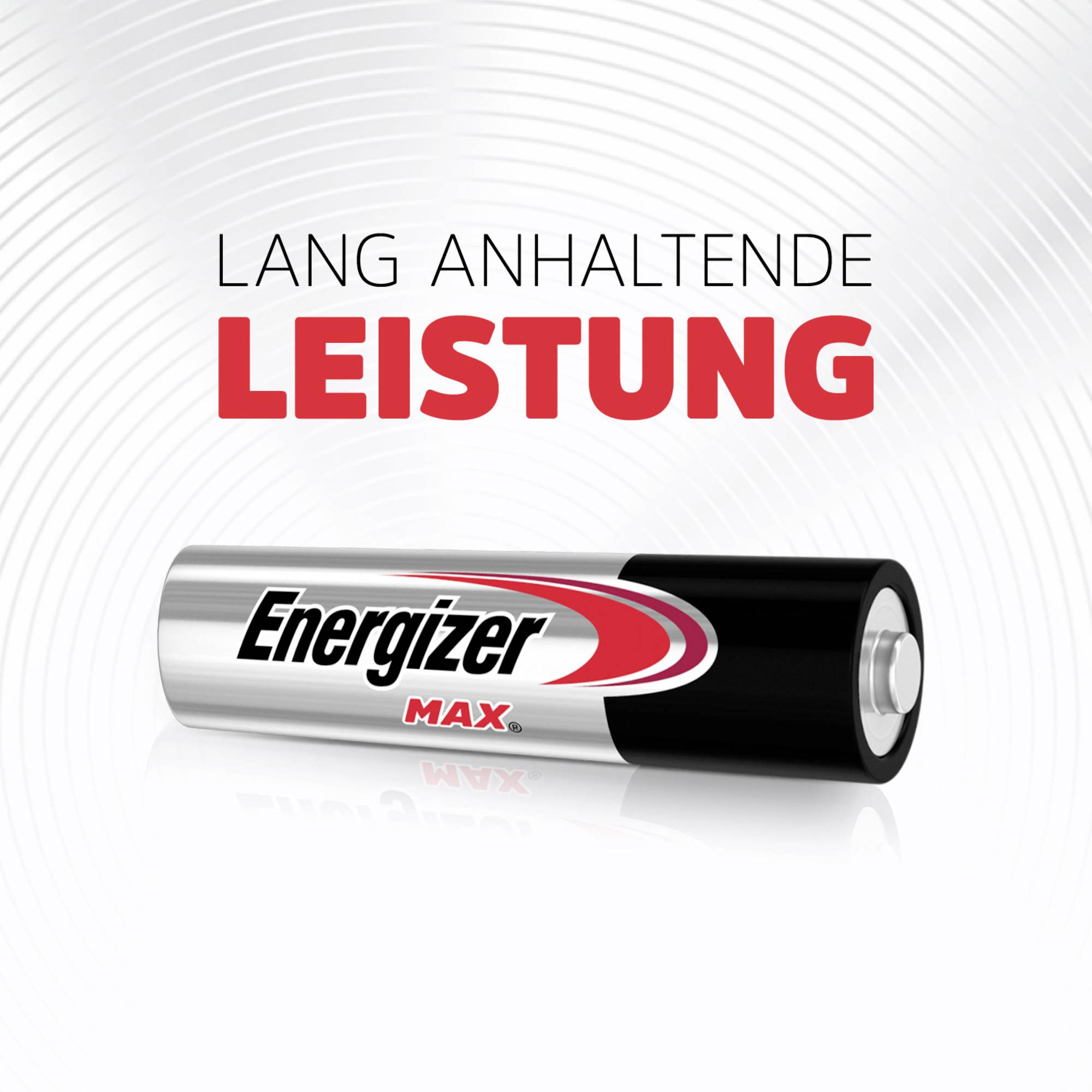 'Lang anhaltende Leistung' in Rot über einer Energizer Max Batterie auf einem weißen Hintergrund mit grauen Linien.