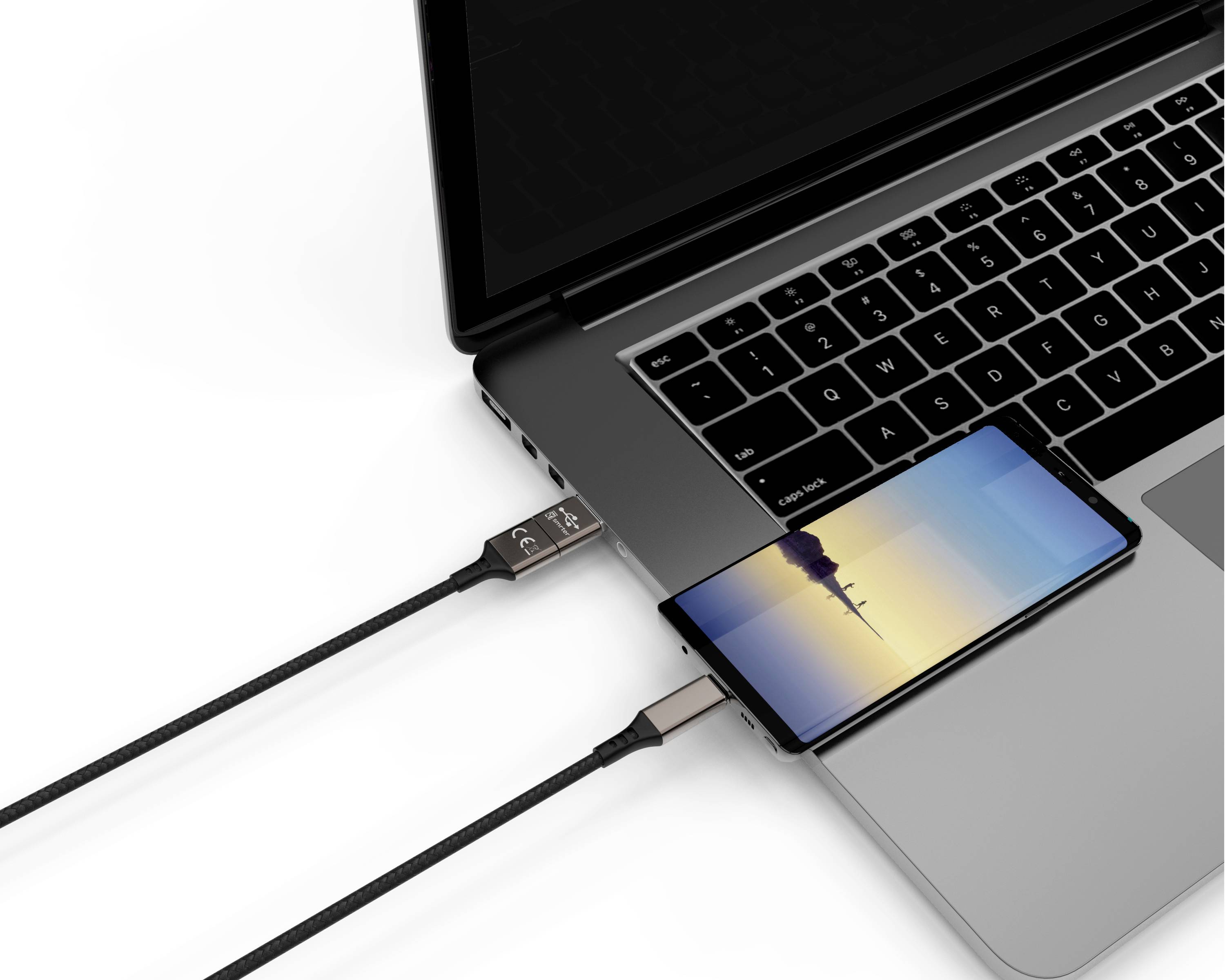 Ein Smartphone ist über ein USB-Kabel mit einem Laptop verbunden. Beide Geräte sind eingeschaltet und das Smartphone zeigt einen Strandhintergrund.