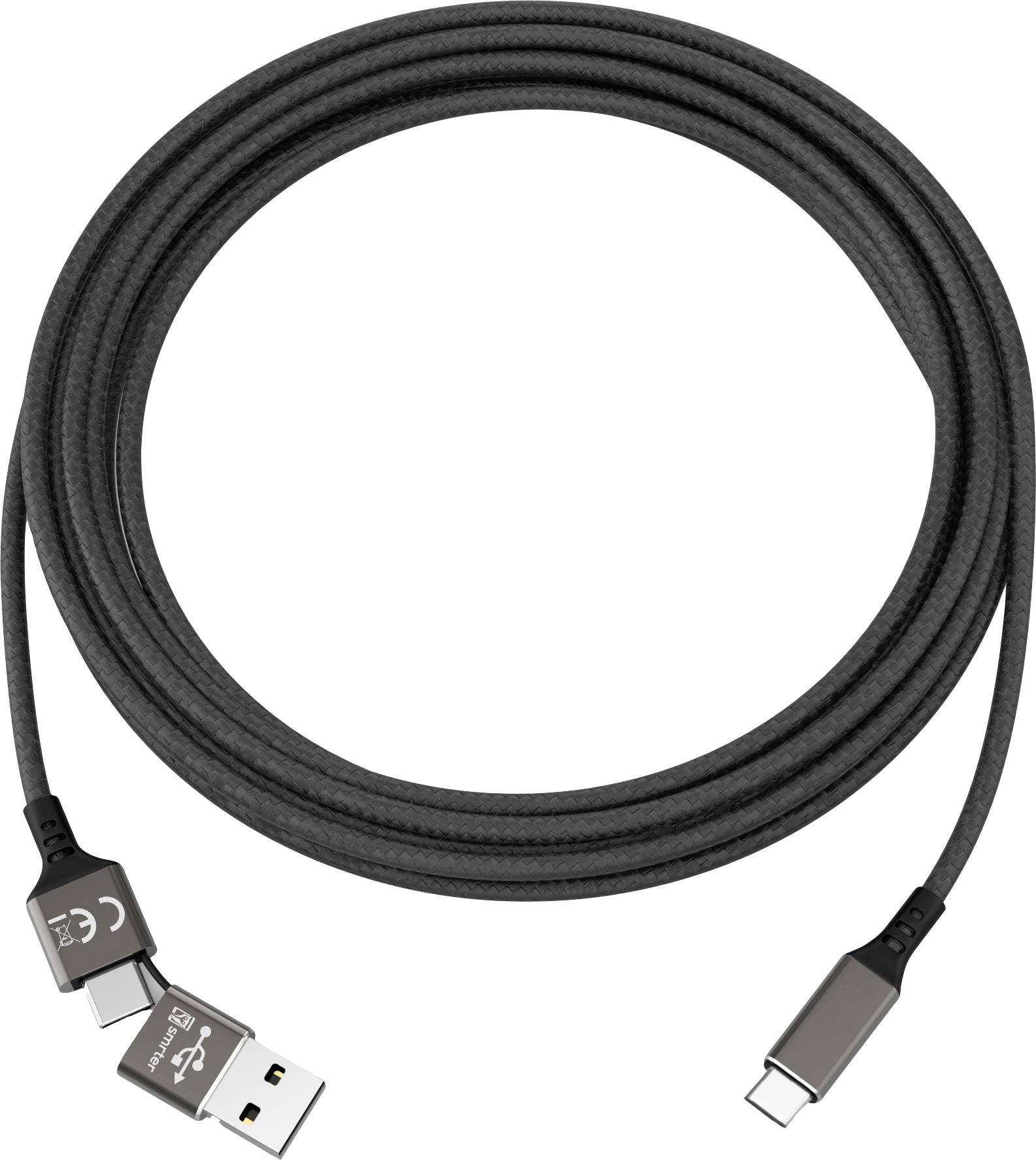 Ein schwarzes USB-Kabel mit einem USB-A- und einem USB-C-Stecker, geeignet zum Laden oder Datentransfer zwischen Geräten.