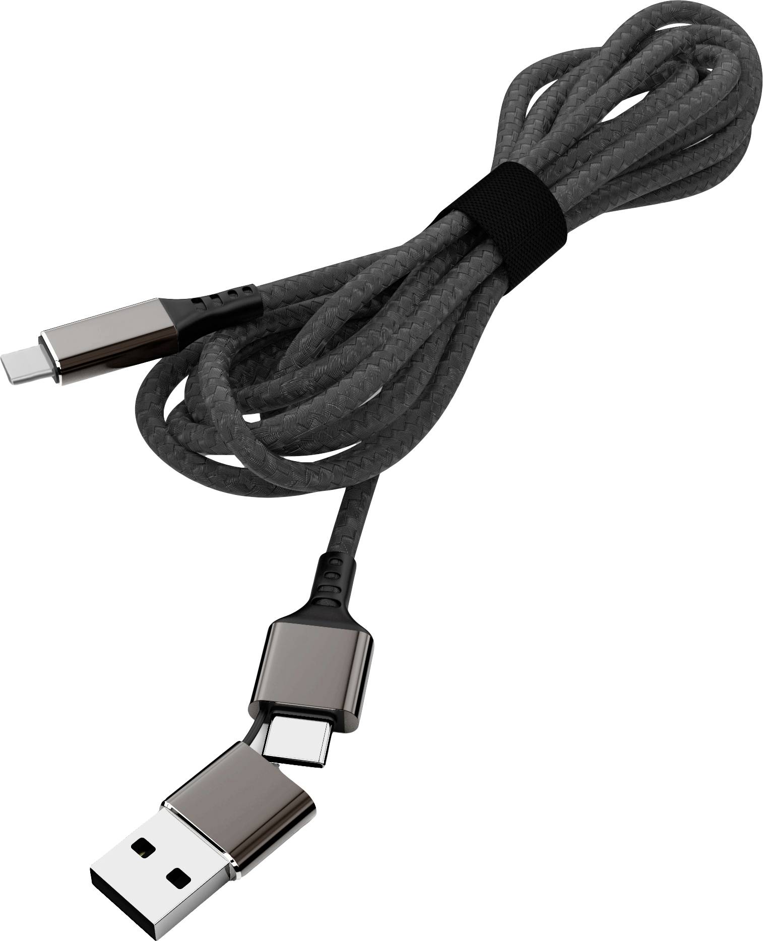 Schwarzes Ladekabel mit USB-A und USB-C Anschlüssen, zusammengebunden mit einem Klettverschluss.