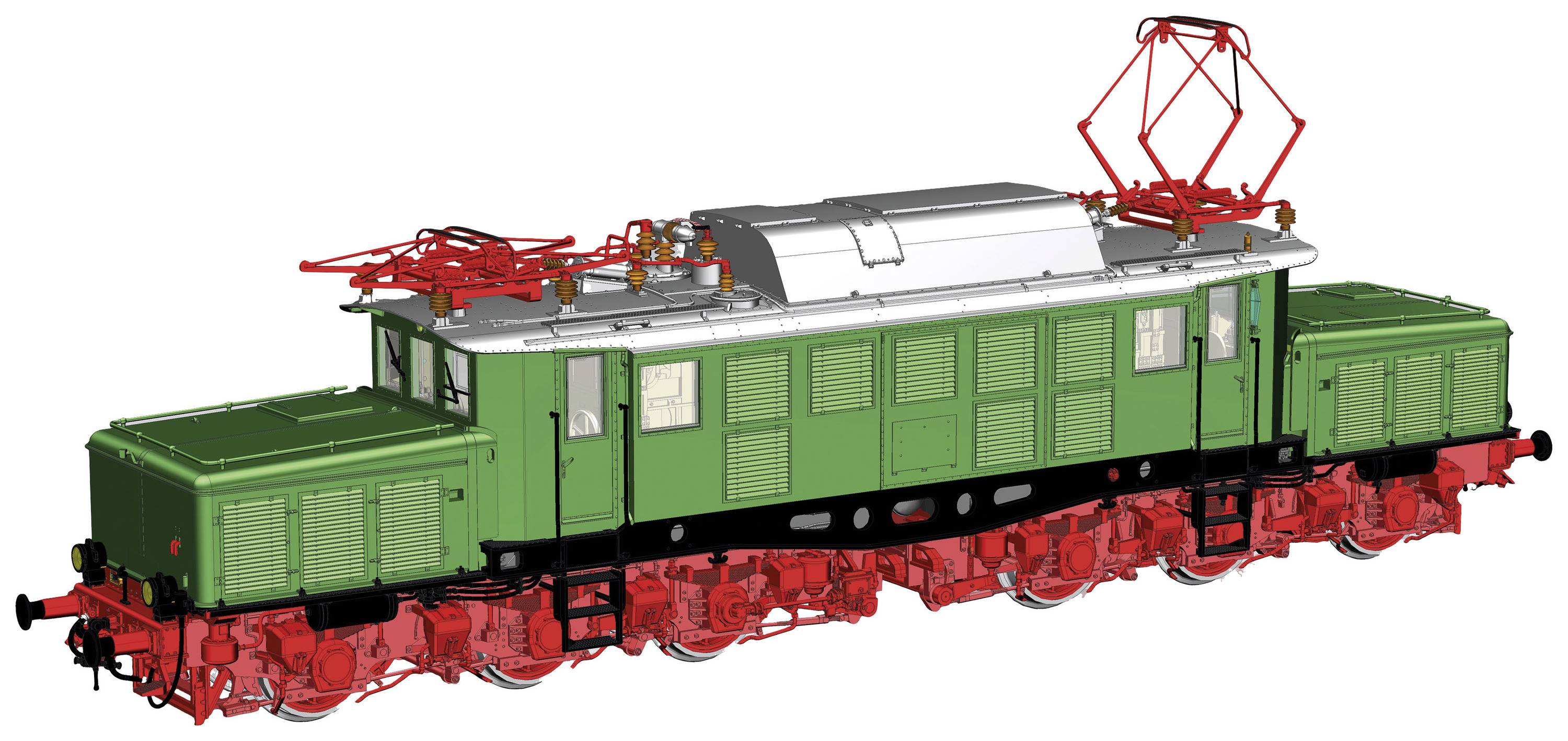 Elektrische Lokomotive mit grünem Gehäuse und rotem Fahrgestell, zeigt historische Details und Konstruktionselemente.