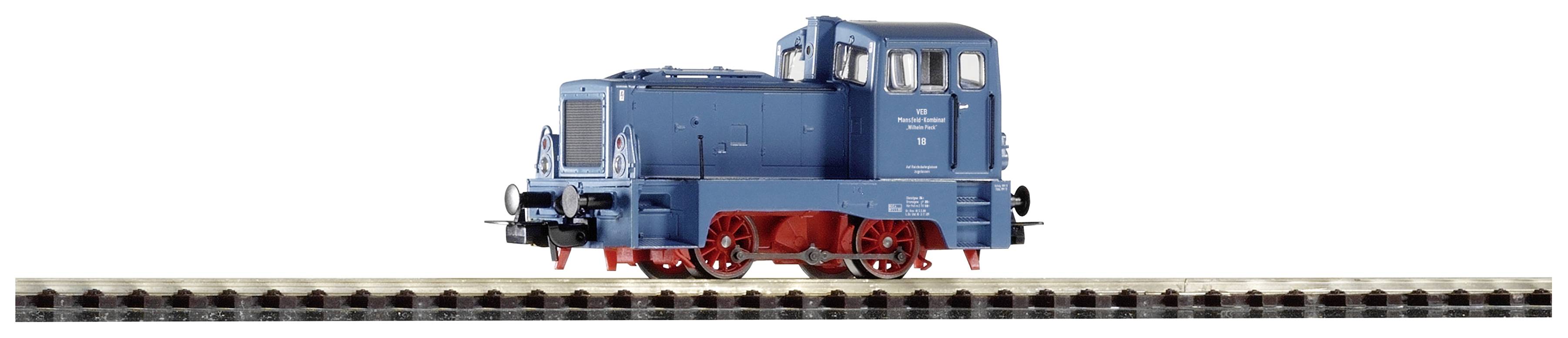 Ein blaues Modell einer Diesellokomotive auf einem Gleisstück, mit roten Rädern und schwarzen und silbernen Details.