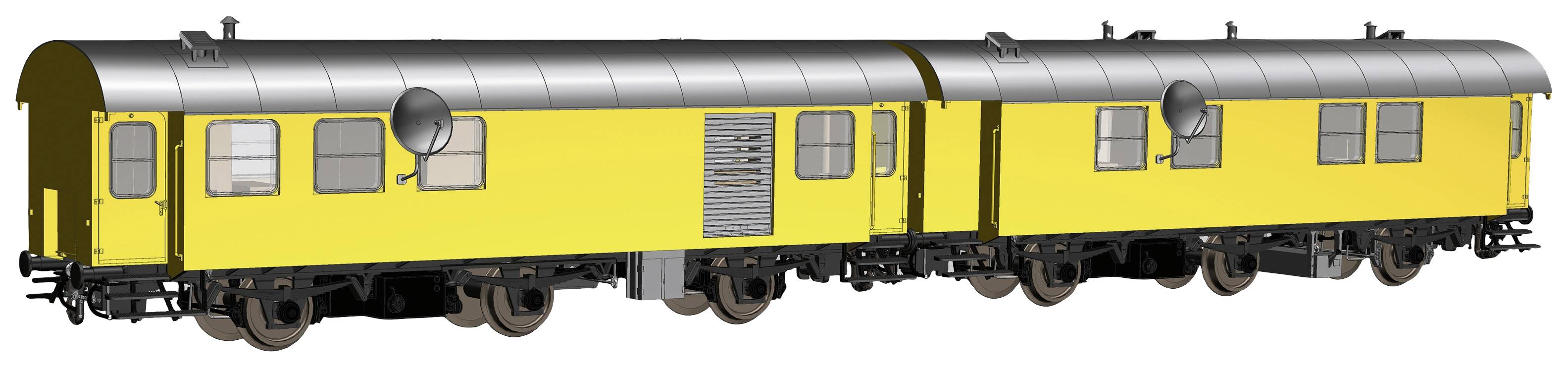 Zwei gelbe, miteinander verbundene Eisenbahnwaggons auf Schienen, beide mit runden Fenstern und silbernen Dächern versehen.