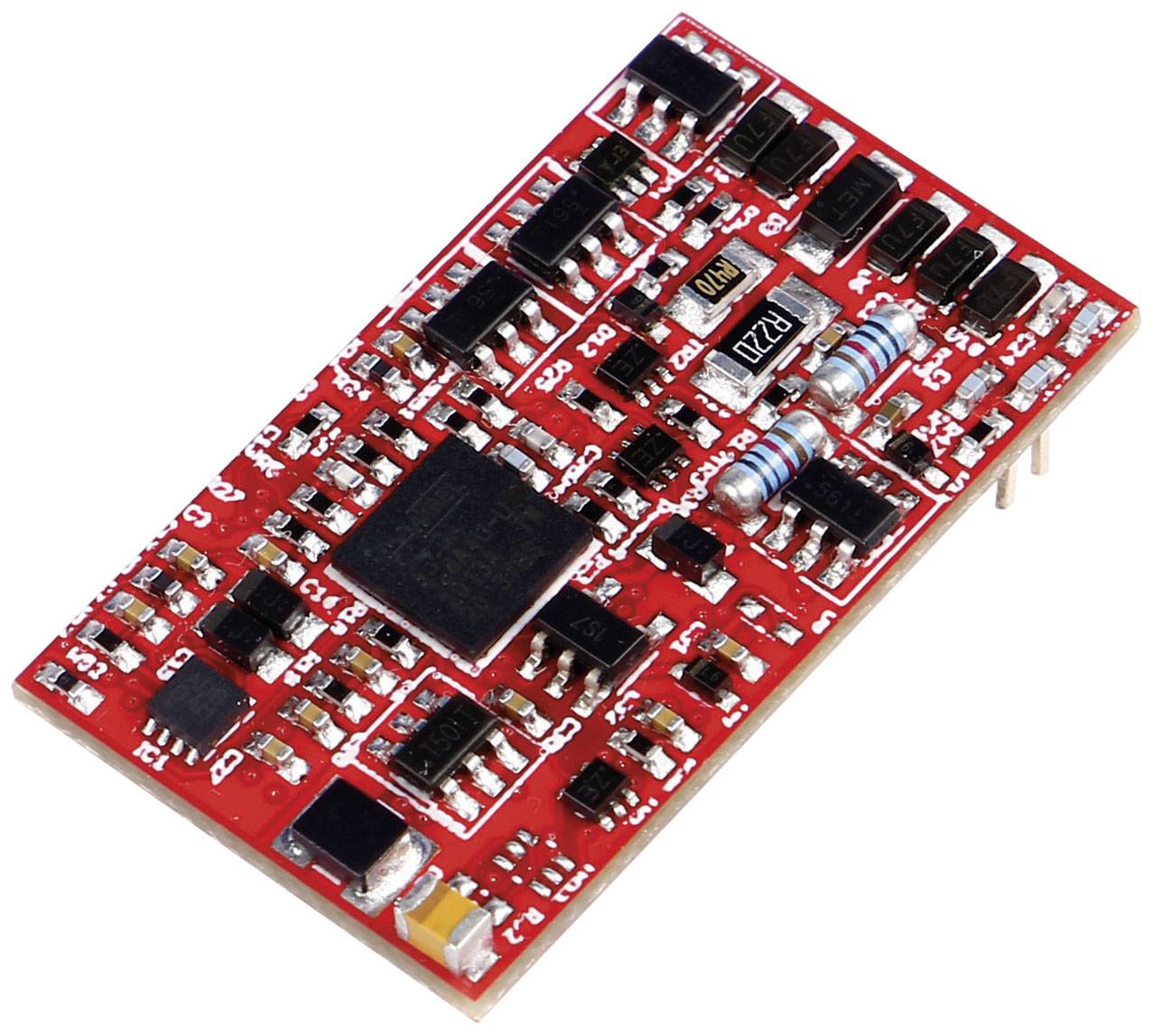 Eine rote elektronische Platine mit schwarzen und silbernen Komponenten, darunter ein großer zentraler Chip und mehrere Widerstände.