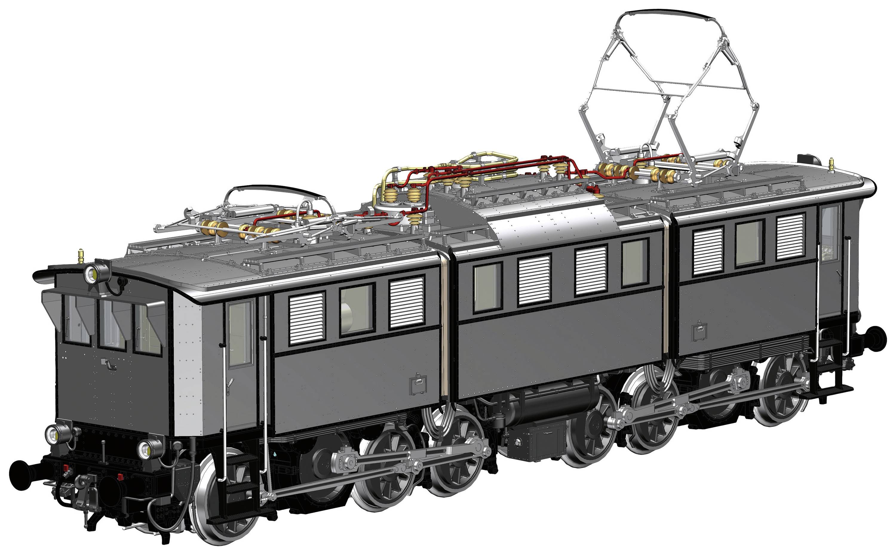 Historische elektrische Lokomotive in Grau mit zwei Stromabnehmern und verzierten Details, seitliche Ansicht.