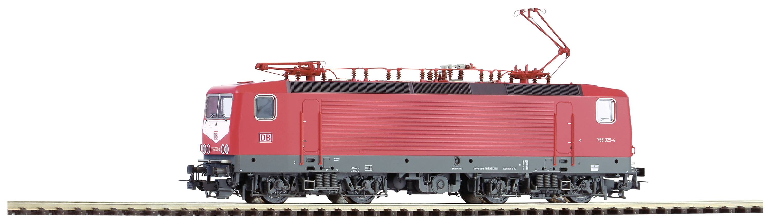 Rotes Modell einer Elektrolokomotive der Deutschen Bahn auf Gleis. Sie ist detailliert gestaltet, mit sichtbaren Stromabnehmern oben.