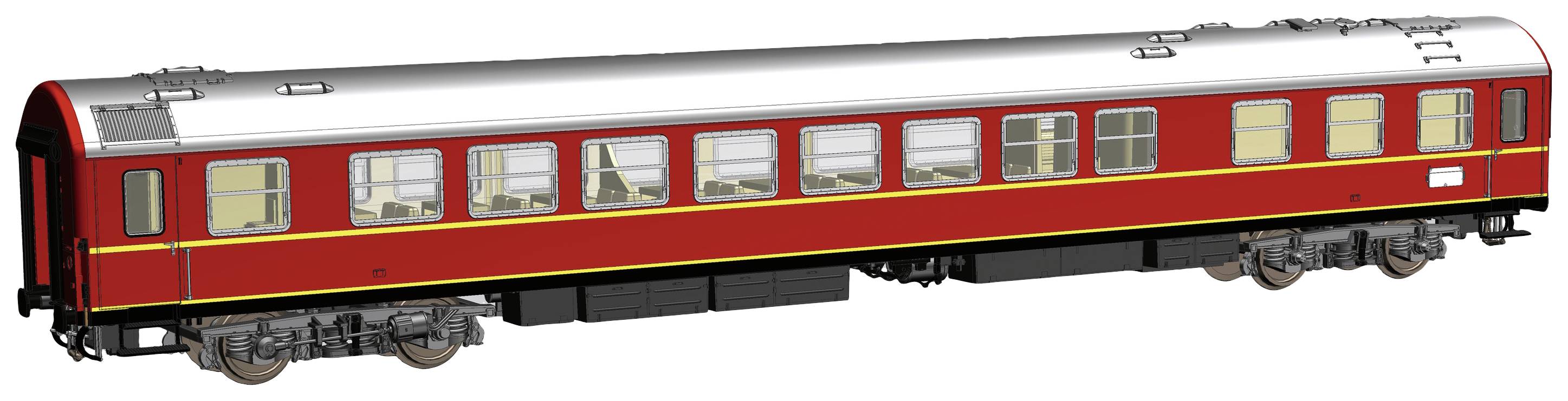 Ein roter Waggon mit gelbem Streifen, seitliche Ansicht, zeigt mehrere Fensterreihen.