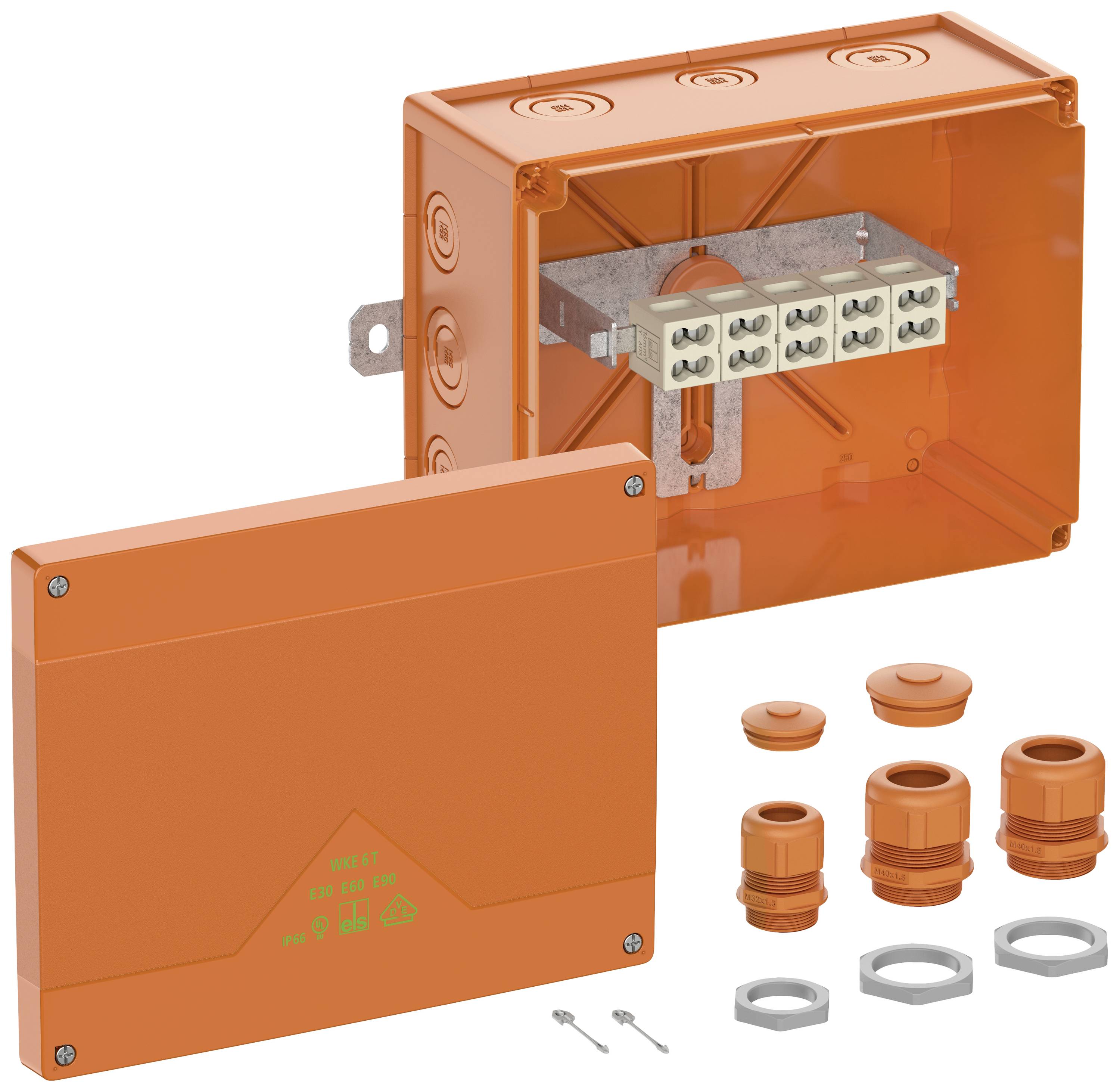 Elektrische Verbindungsdose in Orange, offen und geschlossen gezeigt. Enthält Klemmenblock und Kabelverschraubungen. Schrauben daneben.