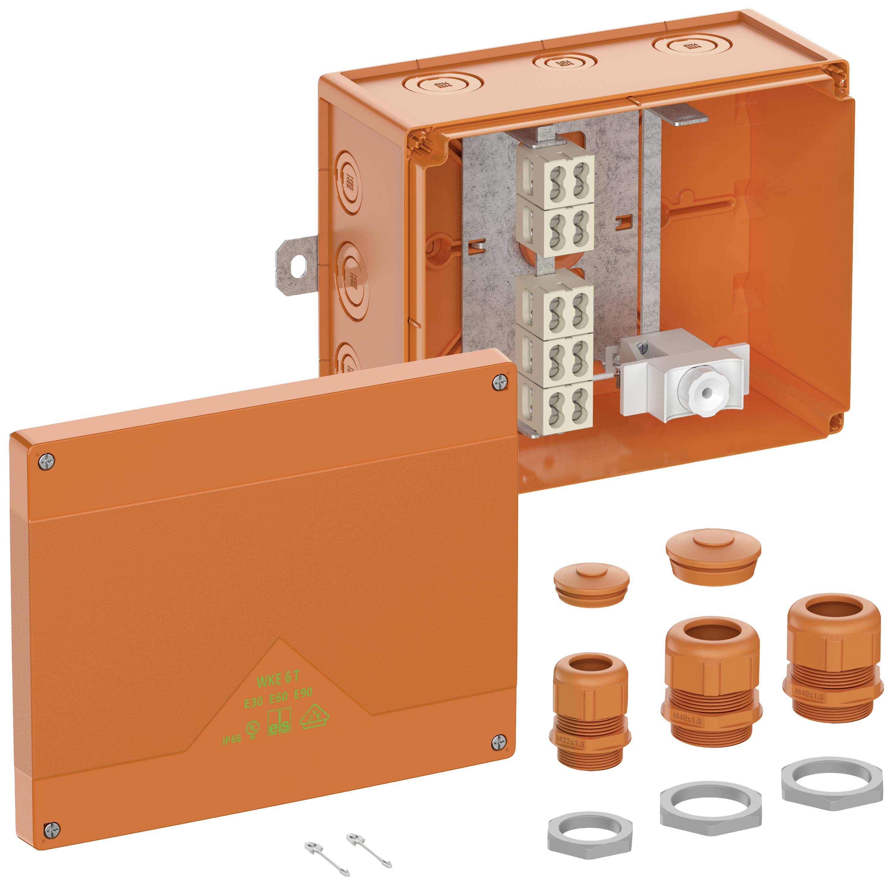 Ein orangefarbenes Elektrogehäuse mit abgenommenem Deckel, zeigt interne Klemmen und Dichtungen. Enthält zusätzlich mehrere Kabelverschraubungen.