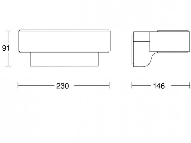 Seitenansicht und Vorderansicht einer rechteckigen Wandhalterung. Maße: Breite 230 mm, Tiefe 146 mm, Höhe 91 mm.
