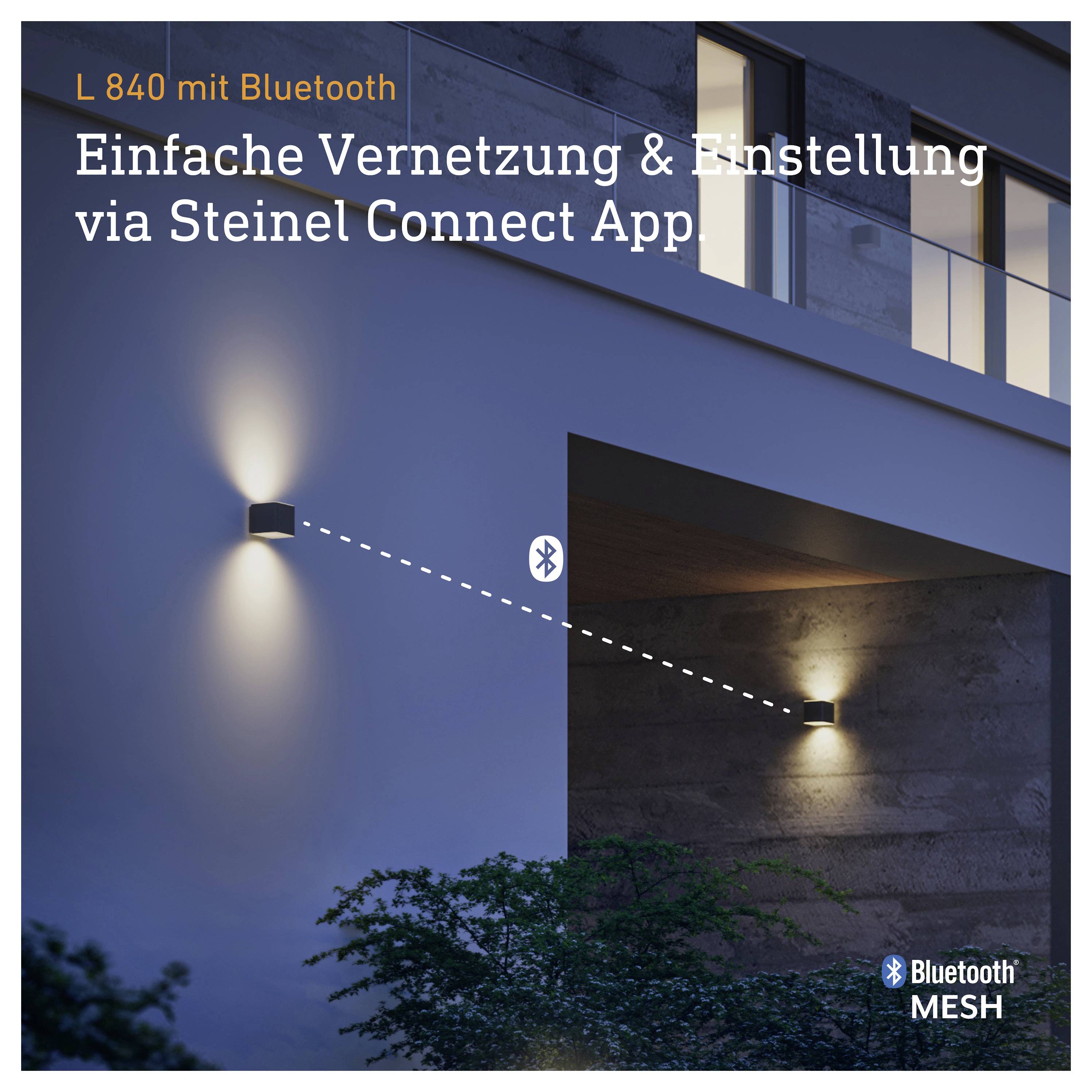 Werbegrafik für 'L 840 mit Bluetooth': zwei Außenleuchten werden per Bluetooth Mesh und 'Steinel Connect App' einfach vernetzt und eingestellt.