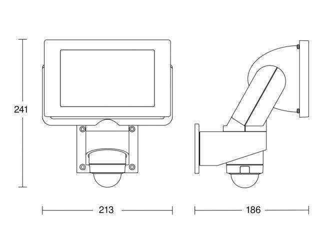 Technische Zeichnung einer Überwachungskamera. Links: Vorderansicht mit Maßen 241 mm Höhe, 213 mm Breite. Rechts: Seitenansicht, Länge 186 mm.