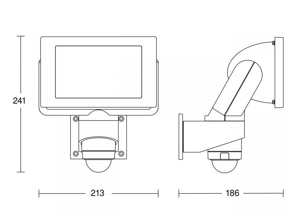 Technische Zeichnung einer Kamera; zeigt Vorderansicht, Seitenansicht und Maße: Höhe 241 mm, Breite 213 mm, Tiefe 186 mm.