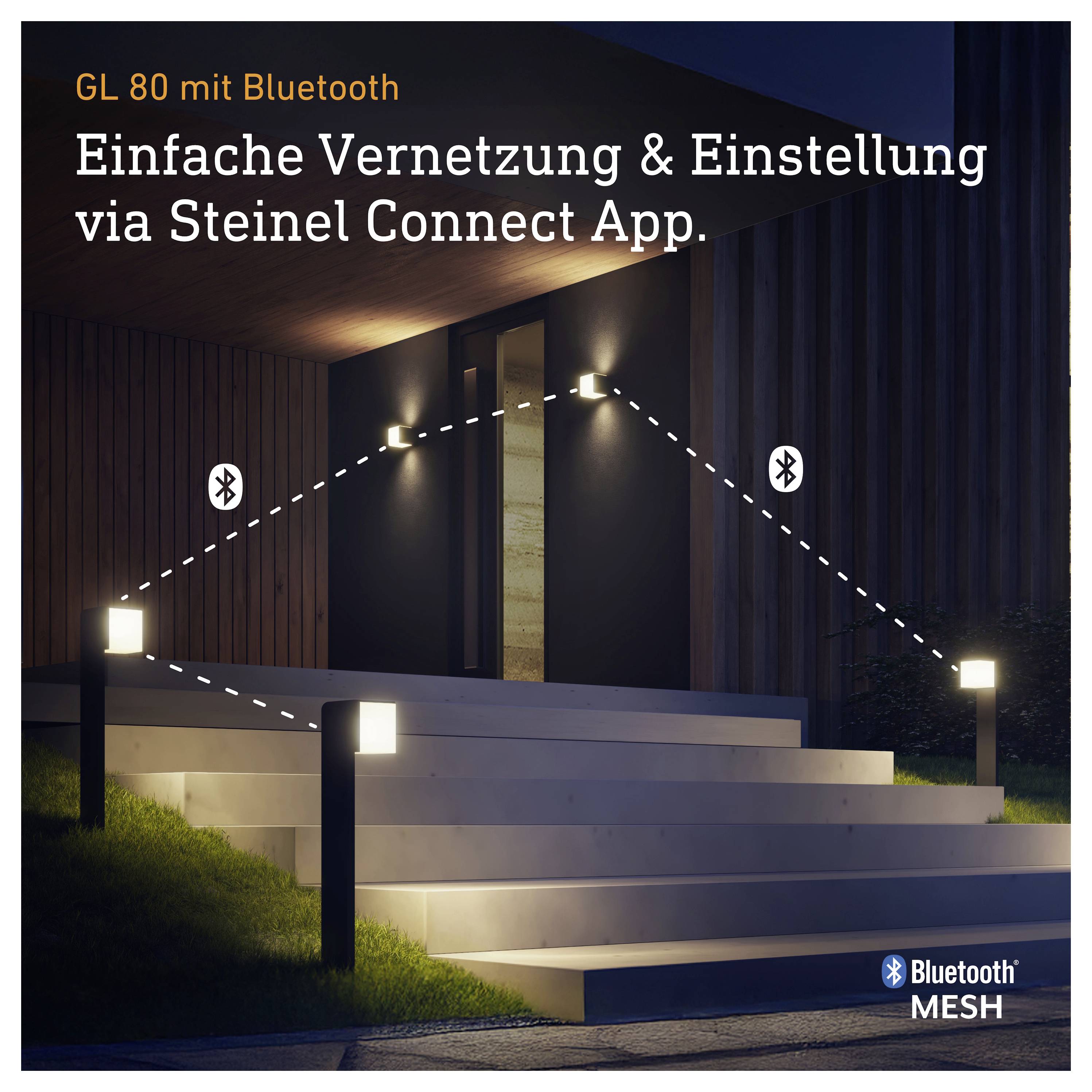 Werbegrafik für 'GL 80 mit Bluetooth': Außenleuchten an einem Haus werden per Steinel Connect App vernetzt und eingestellt; Bluetooth-Mesh ist hervorgehoben.