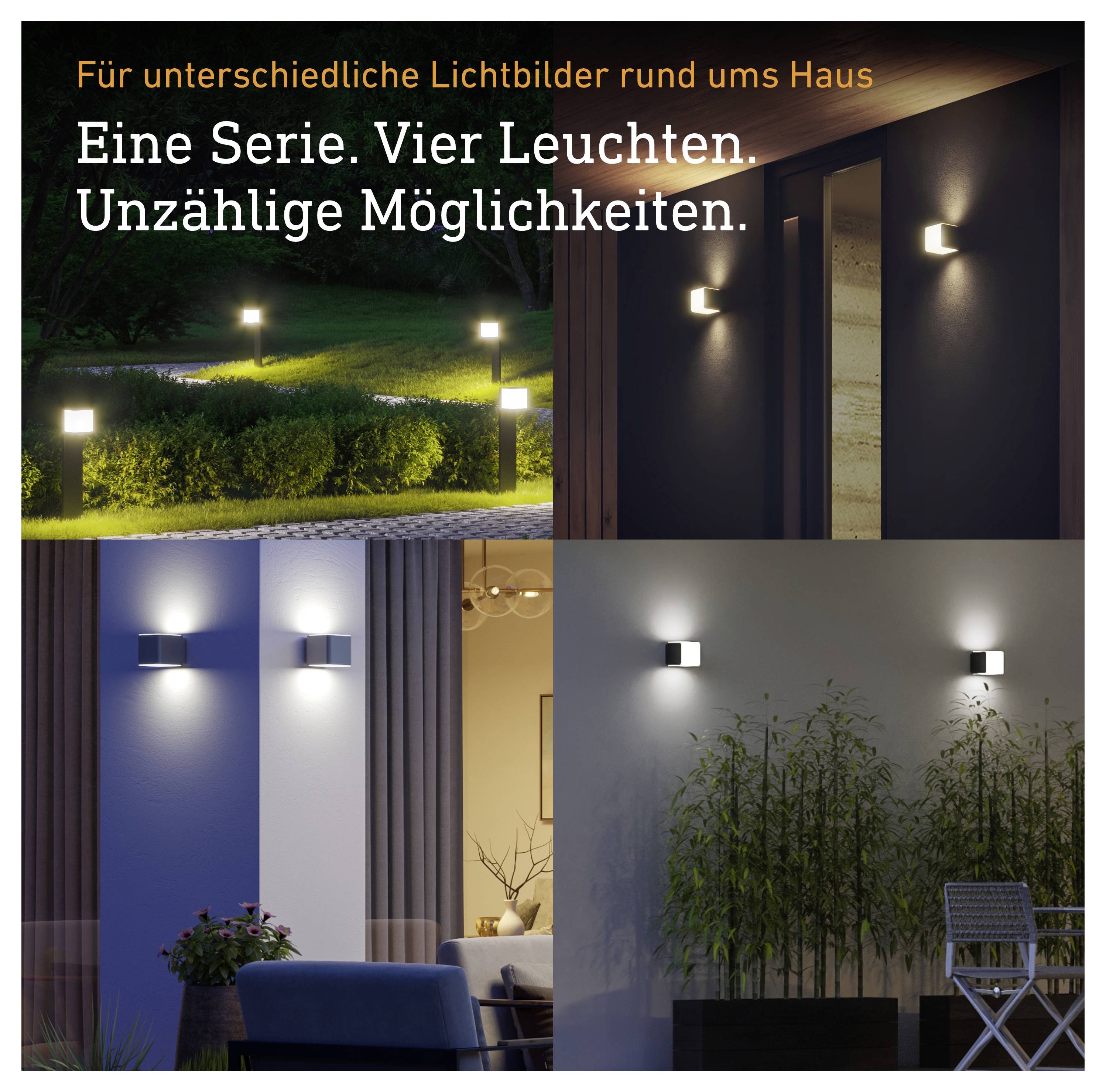 Werbung für Außen- und Innenleuchten: 'Eine Serie. Vier Leuchten. Unzählige Möglichkeiten.' zeigt verschiedene Wand- und Gartenlichter am Haus sowie im Wohnraum.