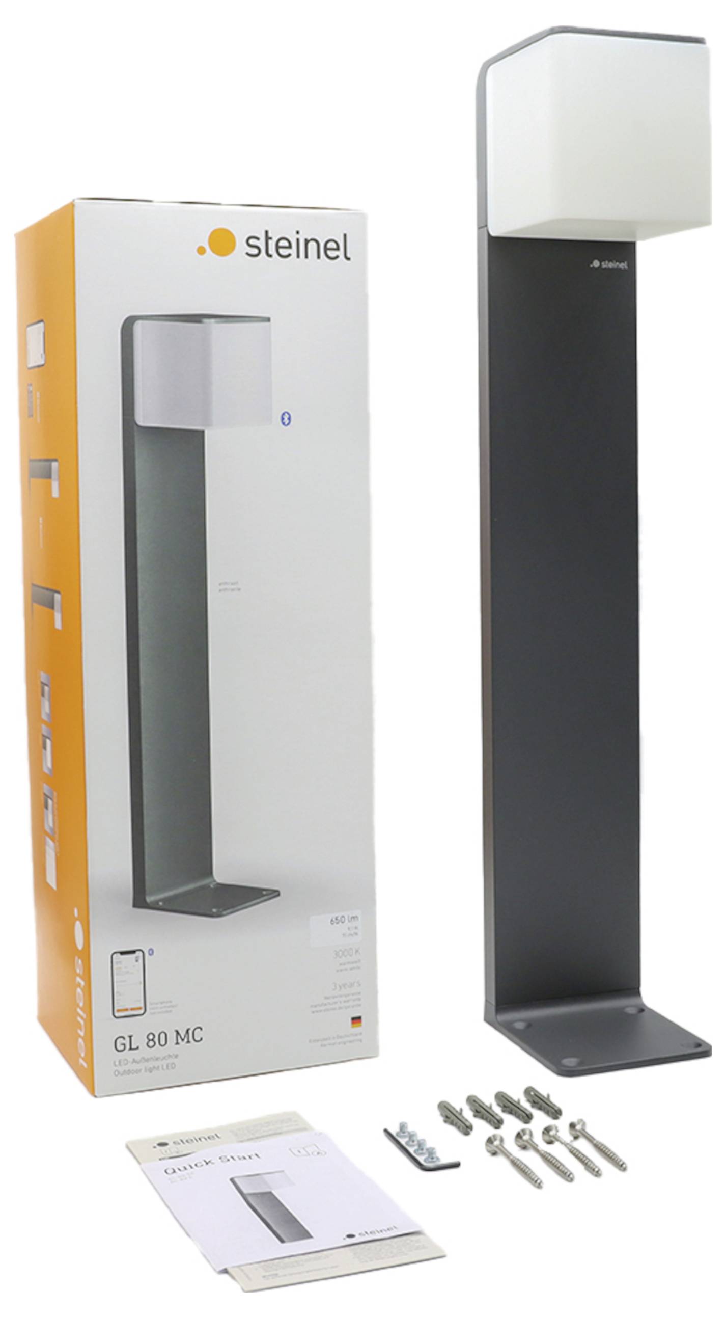 Steinel GL 80 MC Außen-Wegeleuchte gezeigt mit Produktbox, Bedienungsanleitung und Montagezubehör