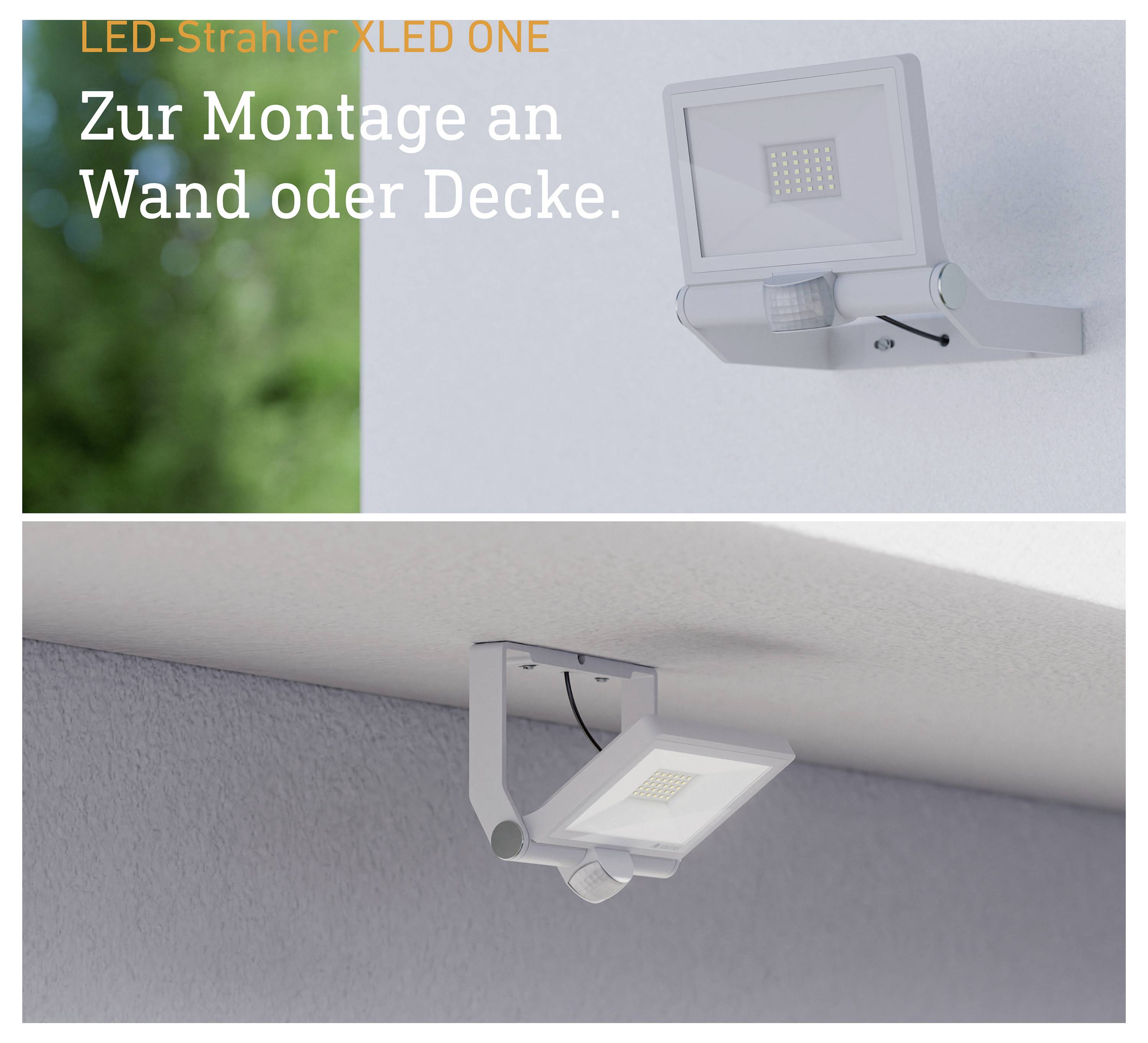 Werbebild für LED-Strahler XLED ONE: Montage an Wand oder Decke; zeigt den Strahler jeweils an einer Wand und an einer Decke befestigt.