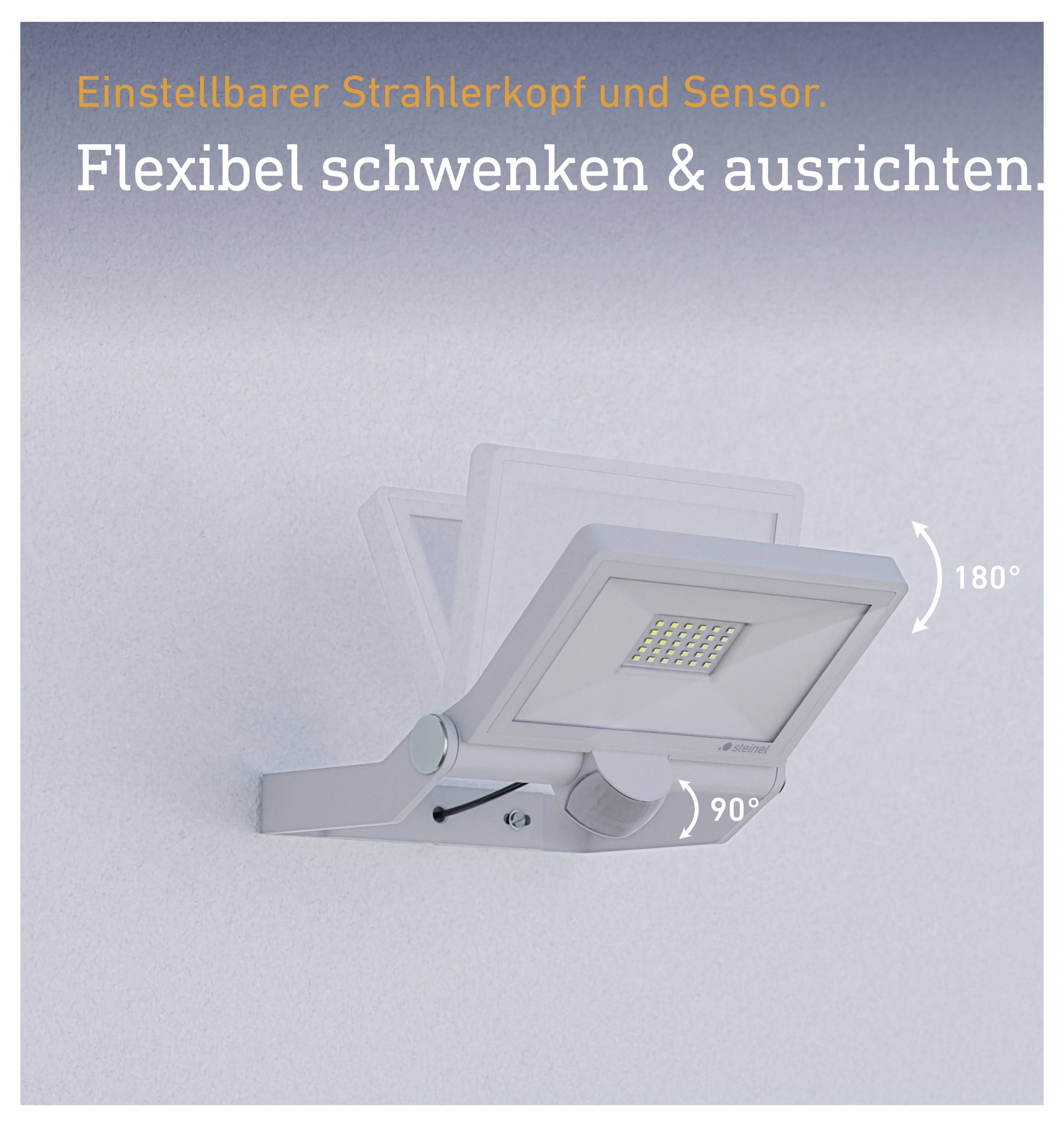 Verstellbarer LED-Strahler an der Wand mit schwenkbarem Kopf und Sensor, 180° und 90° ausrichtbar; Text: 'Einstellbarer Strahlerkopf und Sensor. Flexibel schwenken & ausrichten.'