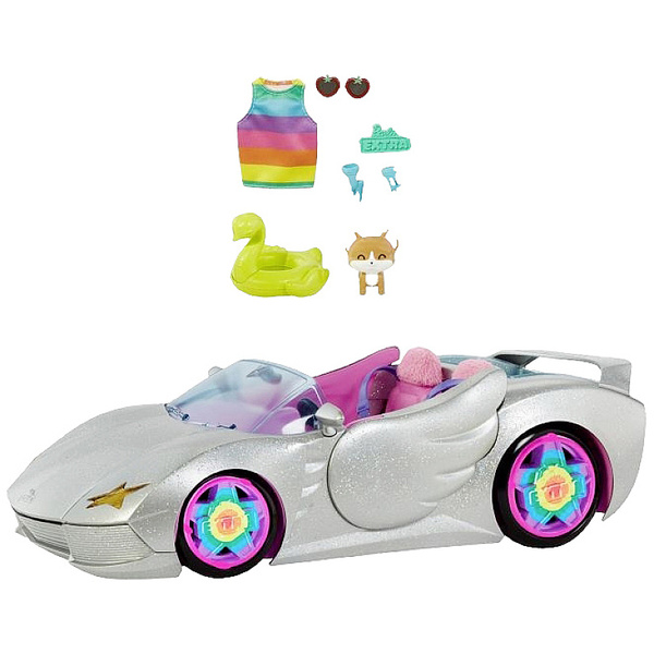 Mattel Barbie Extra Auto Cabrio (glitzert) mit Regenbogen Reifen