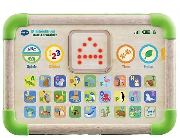 Interaktives Holz-Lerntablet mit grünen Ecken. Zeigt Buchstaben, Zahlen und Tiere. Ideal für Kinder zum Lernen und Spielen.