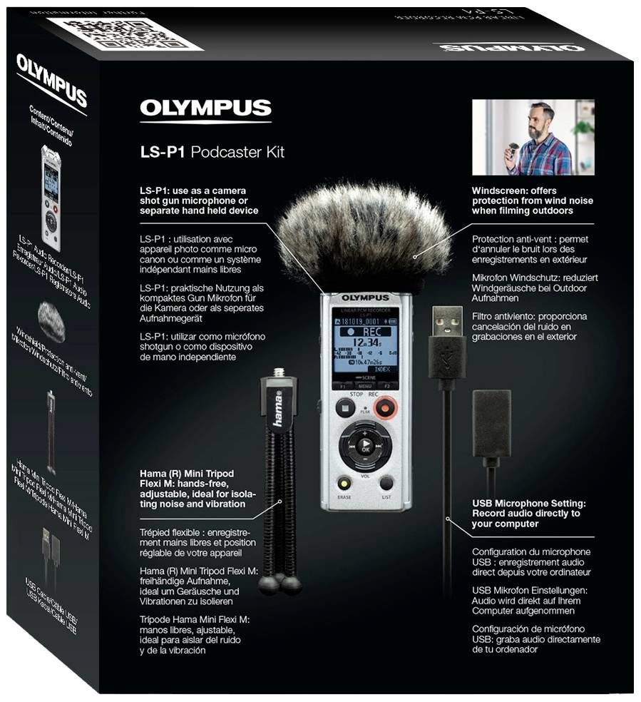 Olympus LS-P1 Podcast-Kit Box. Zeigt ein Aufnahmegerät mit Windschutz, Stativ und Mikrofon-Einstellungen. Ideal für Podcaster.