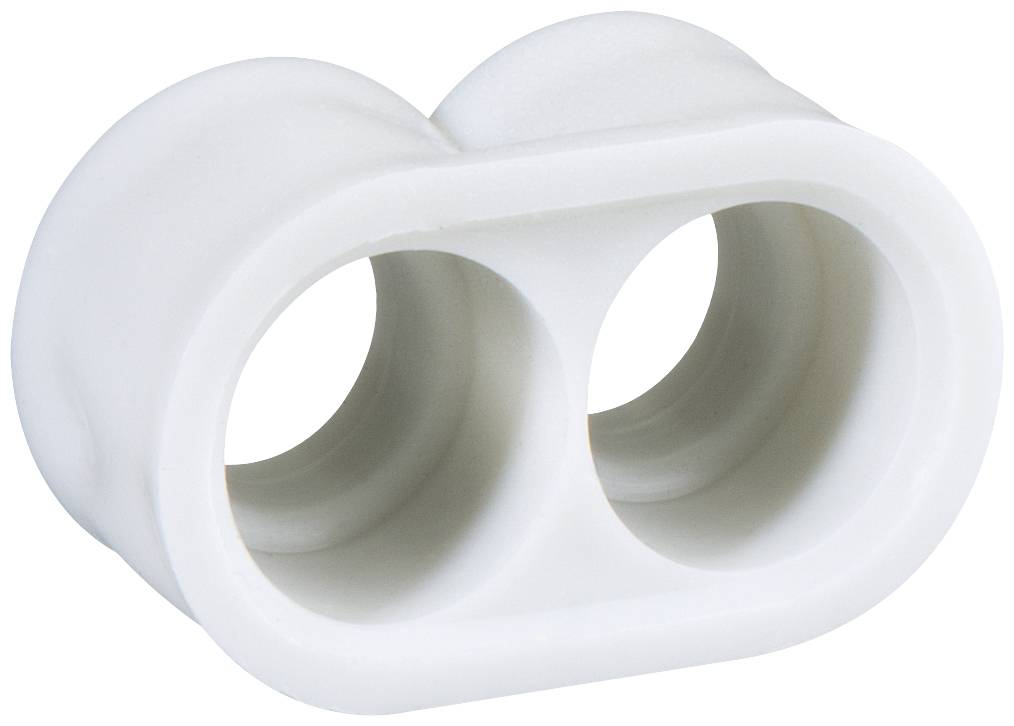 Ein ovaler Doppelrohrclip aus weißem Kunststoff mit zwei Löchern zur Befestigung von Kabeln oder Rohren.