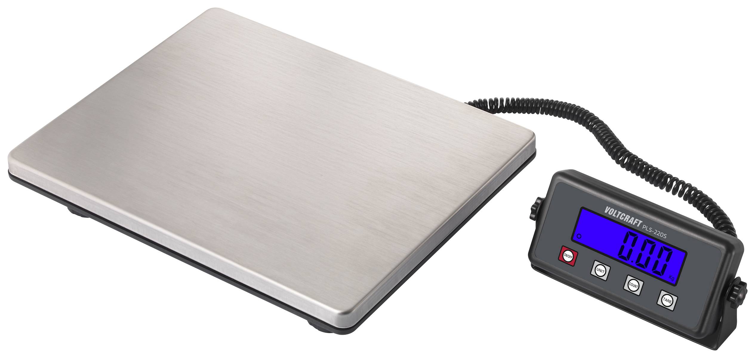 Eine digitale Waage mit einer silbernen Plattform und einem angeschlossenen Anzeigegerät, das '0.00' anzeigt.