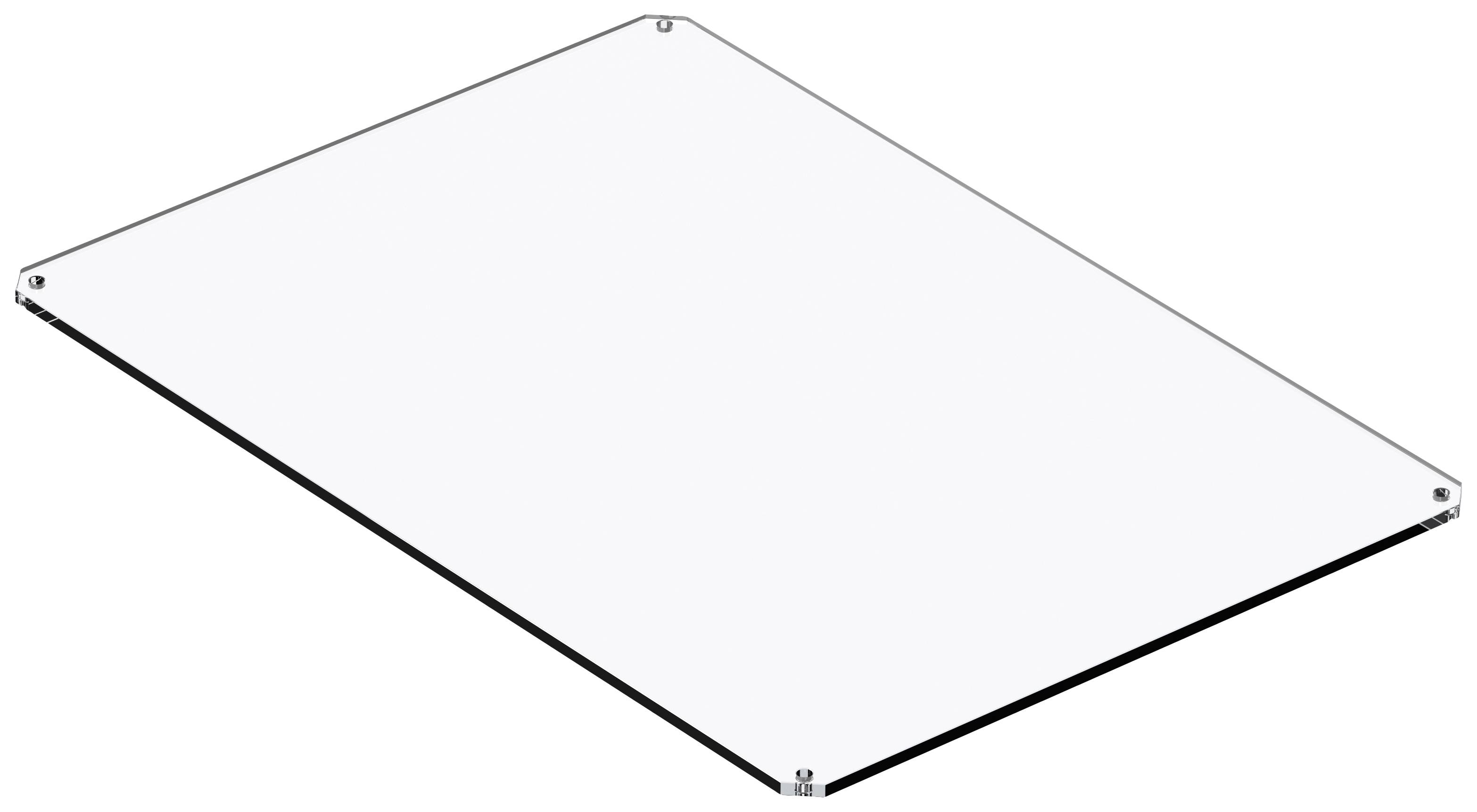 Ein transparentes rechteckiges Acrylglasblatt mit abgerundeten Ecken und gebohrten Löchern an den Ecken.