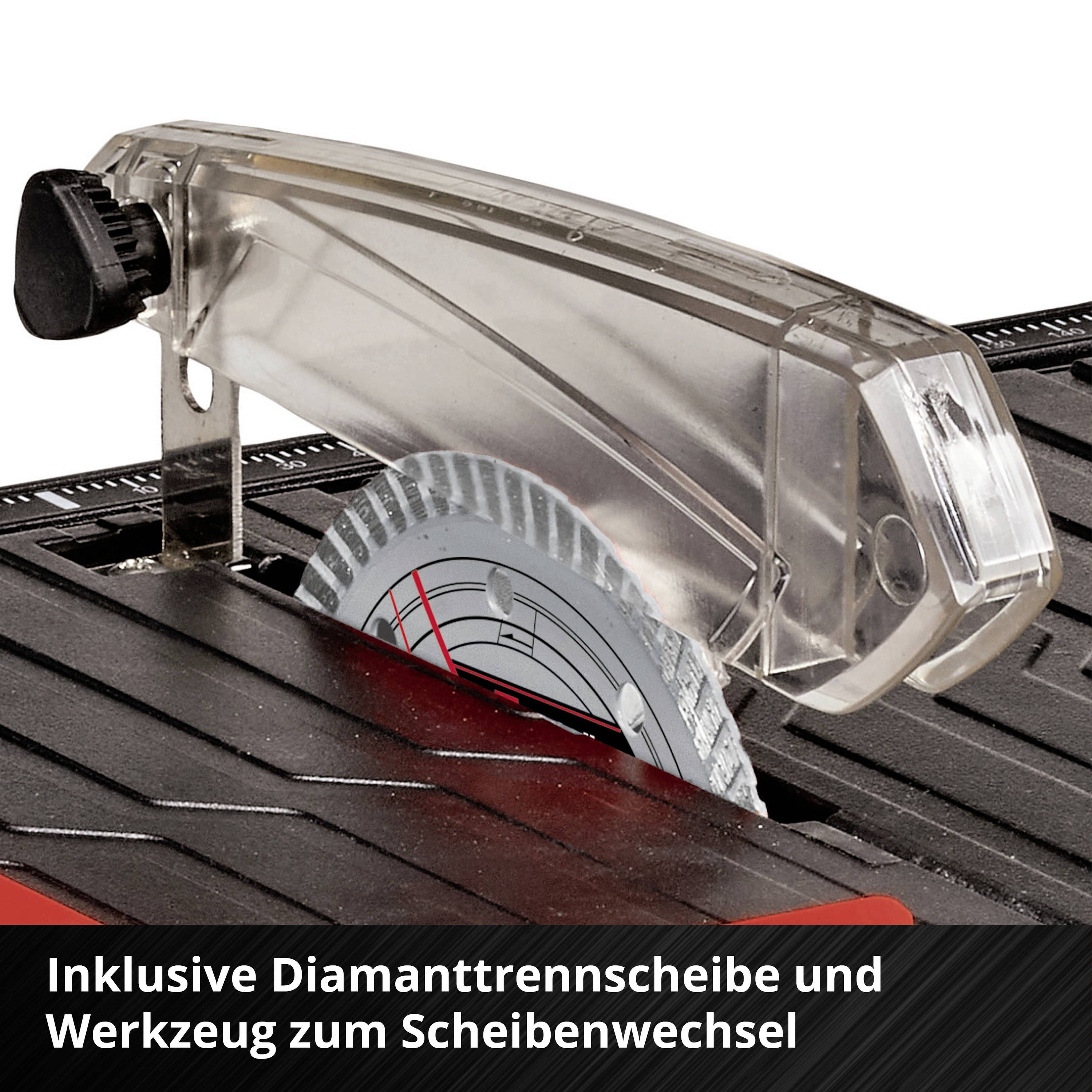 Elektrisches Werkzeug mit sichtbarem Diamanttrennblatt und durchsichtiger Schutzabdeckung. Text unten: 'Inklusive Diamanttrennscheibe und Werkzeug zum Scheibenwechsel'.
