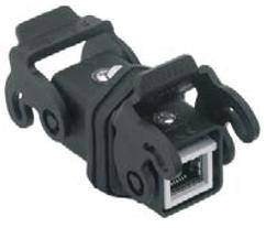 Schwarzer Kunststoffadapter mit rechteckiger Öffnung, vermutlich für Netzwerkkabelanschluss, zwei seitliche Clips zum Einrasten.