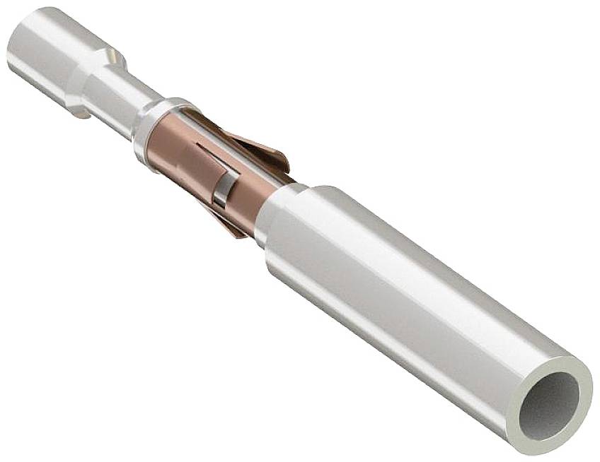 Ein metallischer Steckverbinder mit röhrenförmigem Design, bestehend aus einer äußeren silbernen und inneren kupfernen Komponente.