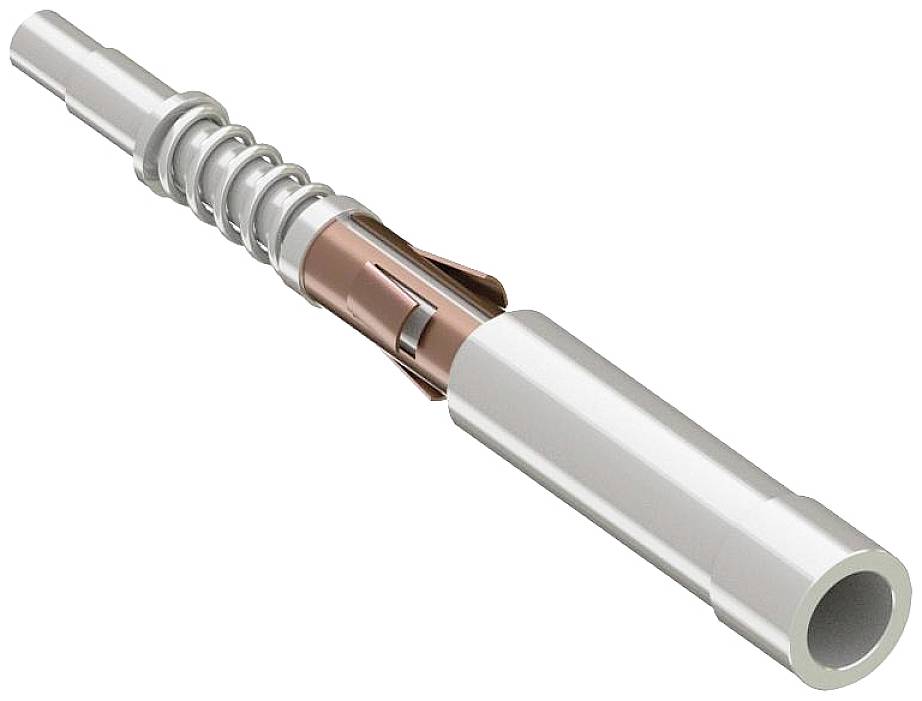 Ein Metallteil mit Kupferumhüllung und Federmechanismus. Technische Komponente, möglicherweise für Maschinenbau oder Elektrotechnik.