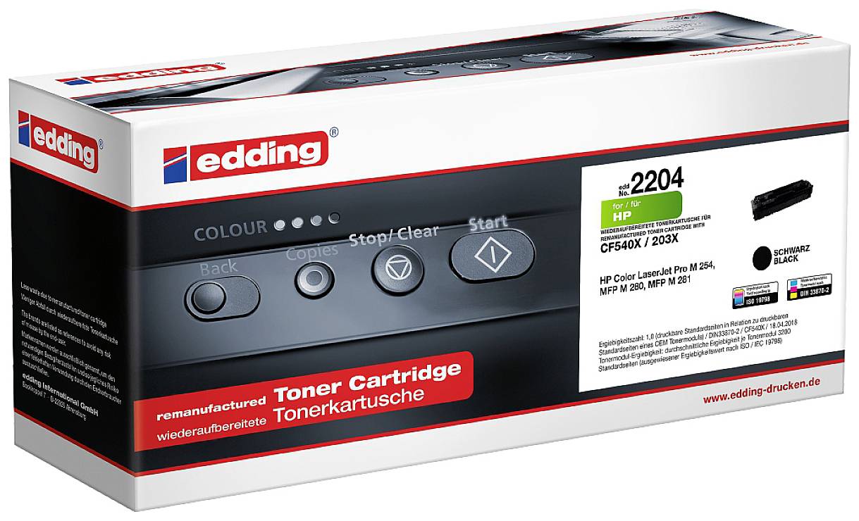 Verpackung einer schwarzen Edding Tonerkartusche modell '2204', kompatibel mit HP CF540X/203X, für HP Color LaserJet vor den Modellen 203/C/EC/M.