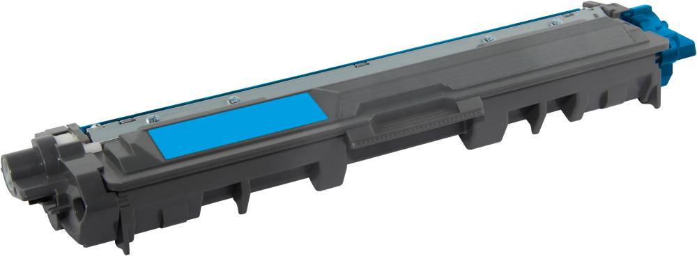 Graue und blaue Tonerkartusche für Drucker, seitlich liegend auf weißem Hintergrund, zeigt Form und Farben zur Identifikation.