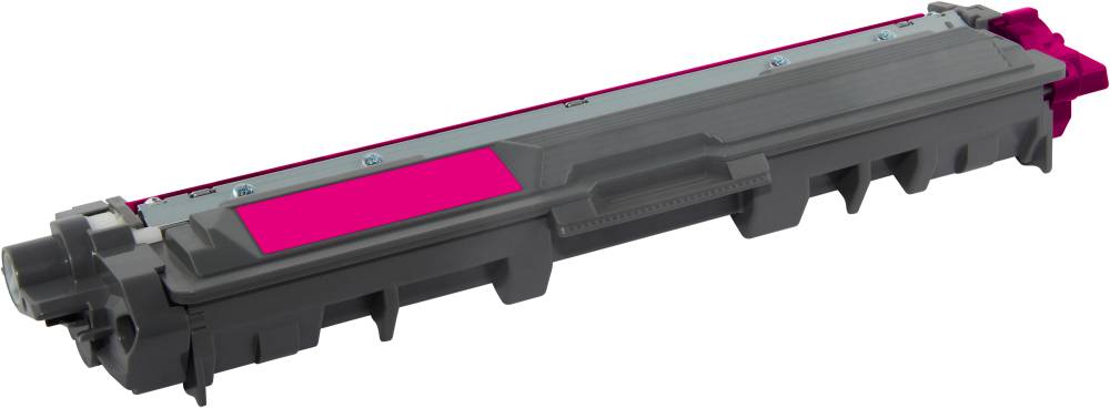 Magenta Druckertoner-Kartusche mit schwarzem Gehäuse und rosa Etikett, liegend. Geeignet für Farbdruck in Laserdruckern.