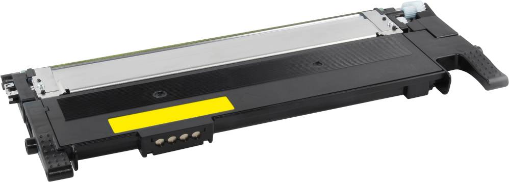 Eine schwarze Laserdrucker-Tonerkartusche mit gelbem Etikett, auf einer hellen Oberfläche liegend.