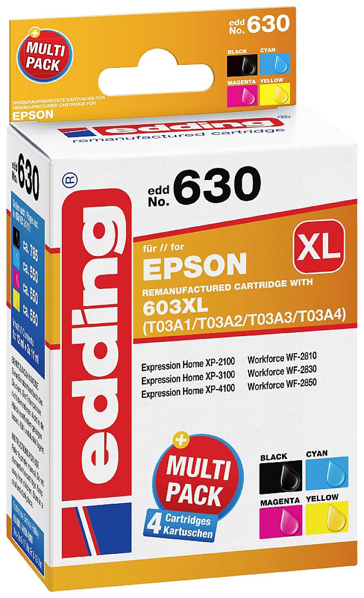 Druckerpatronen-Multipack von Edding, kompatibel mit Epson-Druckern. Enthält vier Farben: Schwarz, Cyan, Magenta, Gelb.