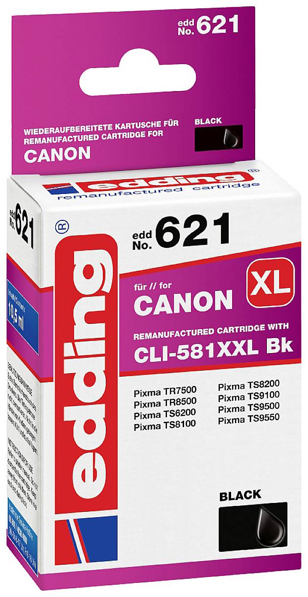 Verpackung einer wiederaufbereiteten Edding-Druckerpatrone für Canon-Drucker, Modell 621, schwarz, kompatibel mit mehreren Pixma-Modellen.
