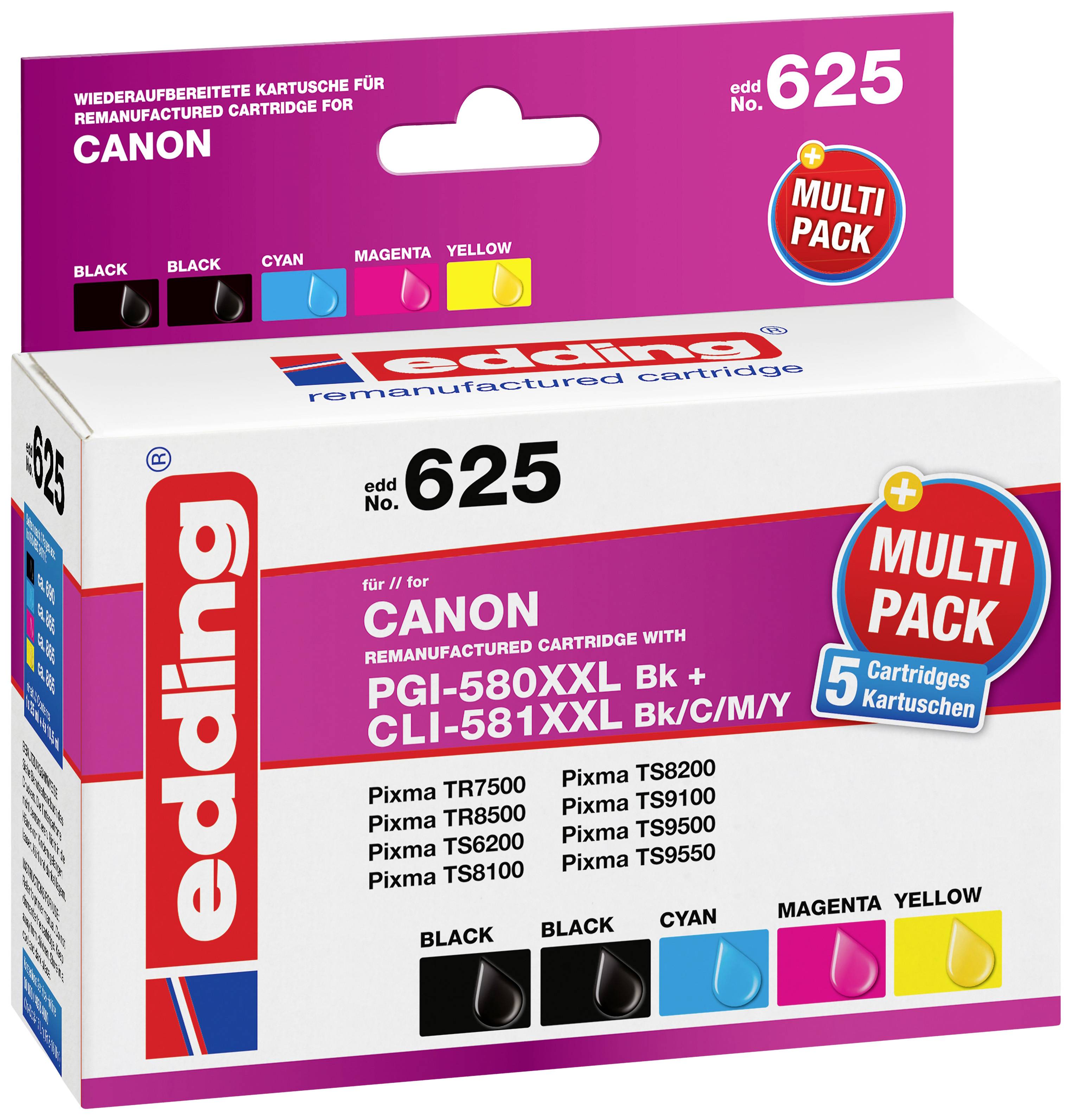 'edding Nachfüllpatronen' für Canon-Drucker, Modell 625. Enthält 5 Patronen: Schwarz, Cyan, Magenta, Gelb. Kompatibel mit Pixma TS-Serien.