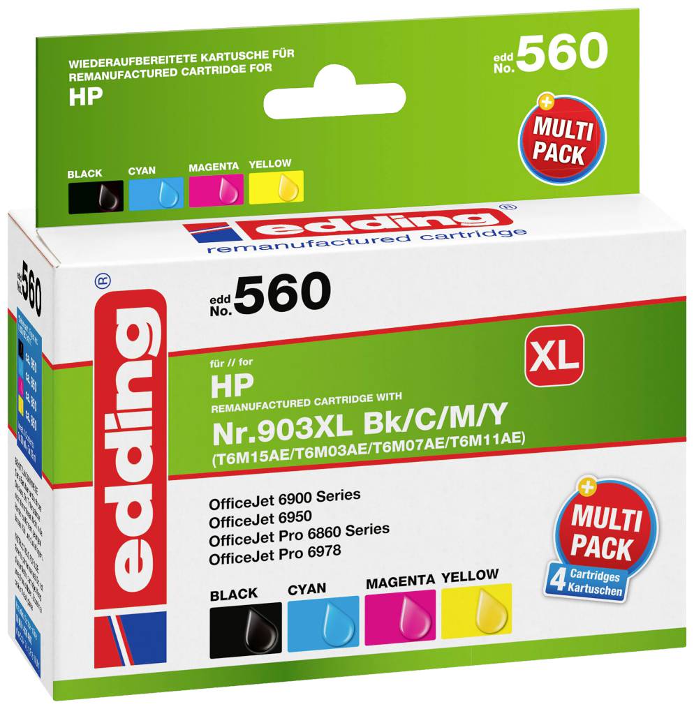 Edding Tinte Kombi-Pack ersetzt HP 903XL (T6M15/T6M03/T6M07/T6M11) Kompatibel Schwarz, Cyan, Magenta, Gelb EDD-560 18-560