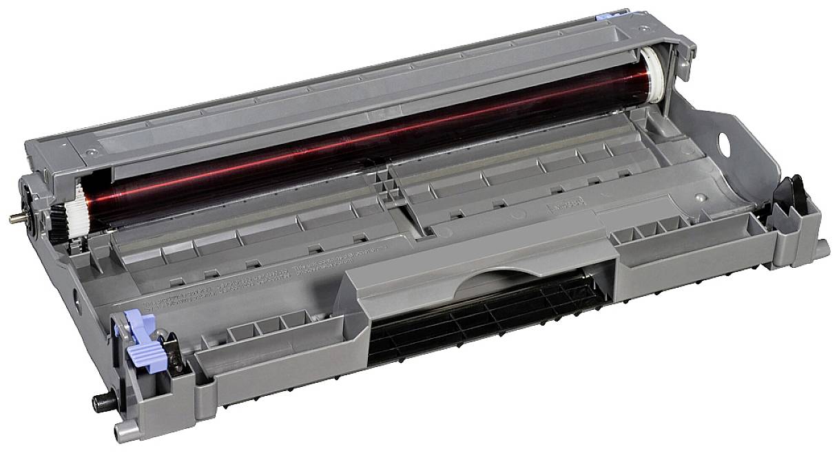 Grauer Lasertoner-Druckerkartusche auf weißem Hintergrund, leicht schräg positioniert.