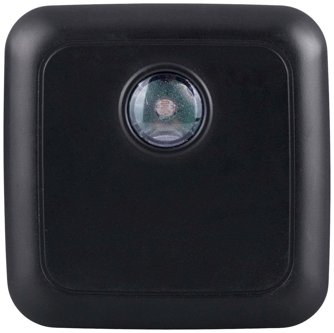 Ein quadratisches, schwarzes Gerät mit einer zentralen Kameralinse.